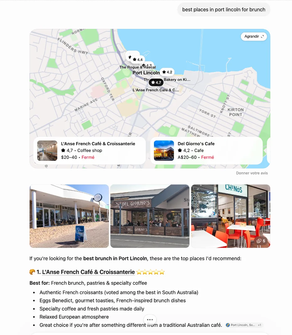 ChatGPT recommending L'Anse French Café as the number one brunch spot in Port Lincoln, shown with a map and a ranked list of places