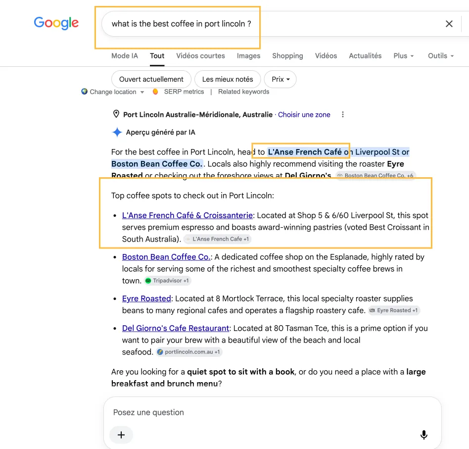 Google AI Overview for the query 'what is the best coffee in Port Lincoln' listing L'Anse French Café first among the top coffee spots, with source citations