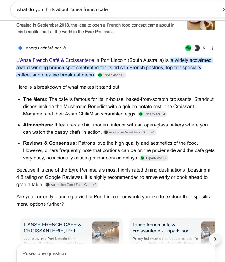 Google AI Overview answering 'what do you think about L'Anse French Café' — the brand described as a widely acclaimed, award-winning brunch spot, citing Tripadvisor and the Australian Good Food Guide